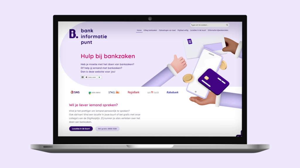 Een laptop met open geklapt scherm met daarop de homepage van bankinformatiepunt.nl