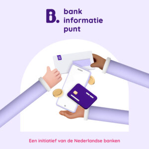 Logo Bankinformatiepunt en handen die betaalpas, geld, mobiel en envelop vasthouden plus pa-off op een paarse achtergrond/