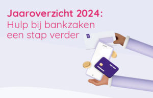 Tekening van 2 handen met envelop, mobiel, muntjes en een betaalpas. Links boven staat de tekst jaaroverzicht 2024.