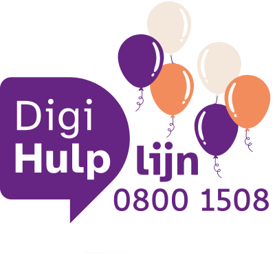 Afbeelding van het logo van DigiHulplijn, afgebeeld met ballonnen vanwege hun vijfjarige bestaan.