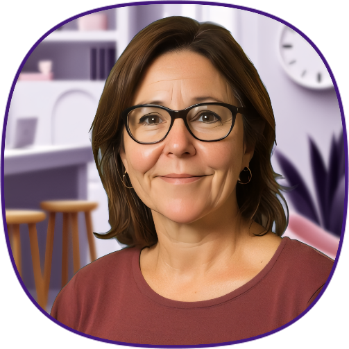 Geanimeerd portret van Sandra van Bankinformatiepunt.nl, met halflang bruin haar, bril en een rustige glimlach, tegen een zachte achtergrond van een moderne woonkamer.