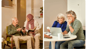 Twee scènes naast elkaar: links zitten twee personen in een woonkamer, waarbij één persoon een smartphone vasthoudt en de ander een notitieboekje; rechts zitten twee personen aan een ronde tafel met een laptop, papieren en een koffiebeker, bezig met overleg of administratie.