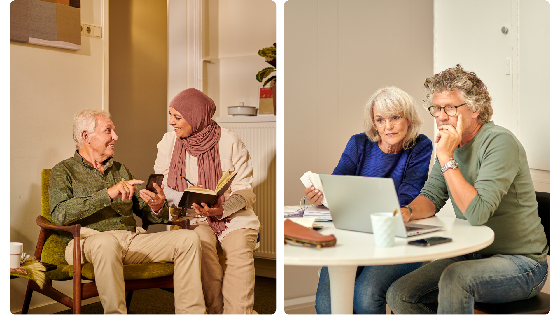 Twee scènes naast elkaar: links zitten twee personen in een woonkamer, waarbij één persoon een smartphone vasthoudt en de ander een notitieboekje; rechts zitten twee personen aan een ronde tafel met een laptop, papieren en een koffiebeker, bezig met overleg of administratie.