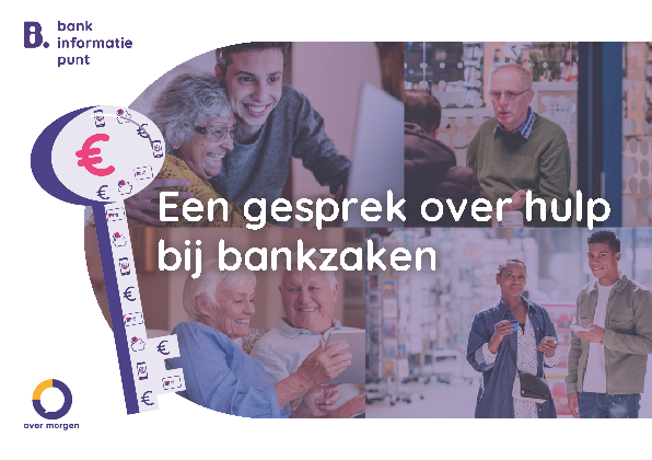 Voorkant van gespreksboekje met foto's van mensen en een grote sleutel met daarop euro tekens en iconen van verschillende bankzaken.