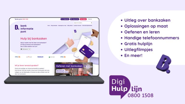 Afbeelding van laptop met daarin een screenshot van de website Bankinformatiepunt.nl. Rechts een opsomming van alle website-onderdelen. In het midden het logo van DigiHulplijn