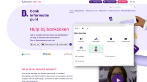 Bankinformatiepunt-website met hulp bij bankzaken en een toegankelijkheidsmenu voor voorlezen, eenvoudige tekst en vertalen.