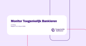 Cover van rapport “Monitor Toegankelijk Bankieren” met datum 18 juni 2026 en logo, op paarse achtergrond met strakke lijnvormen.
