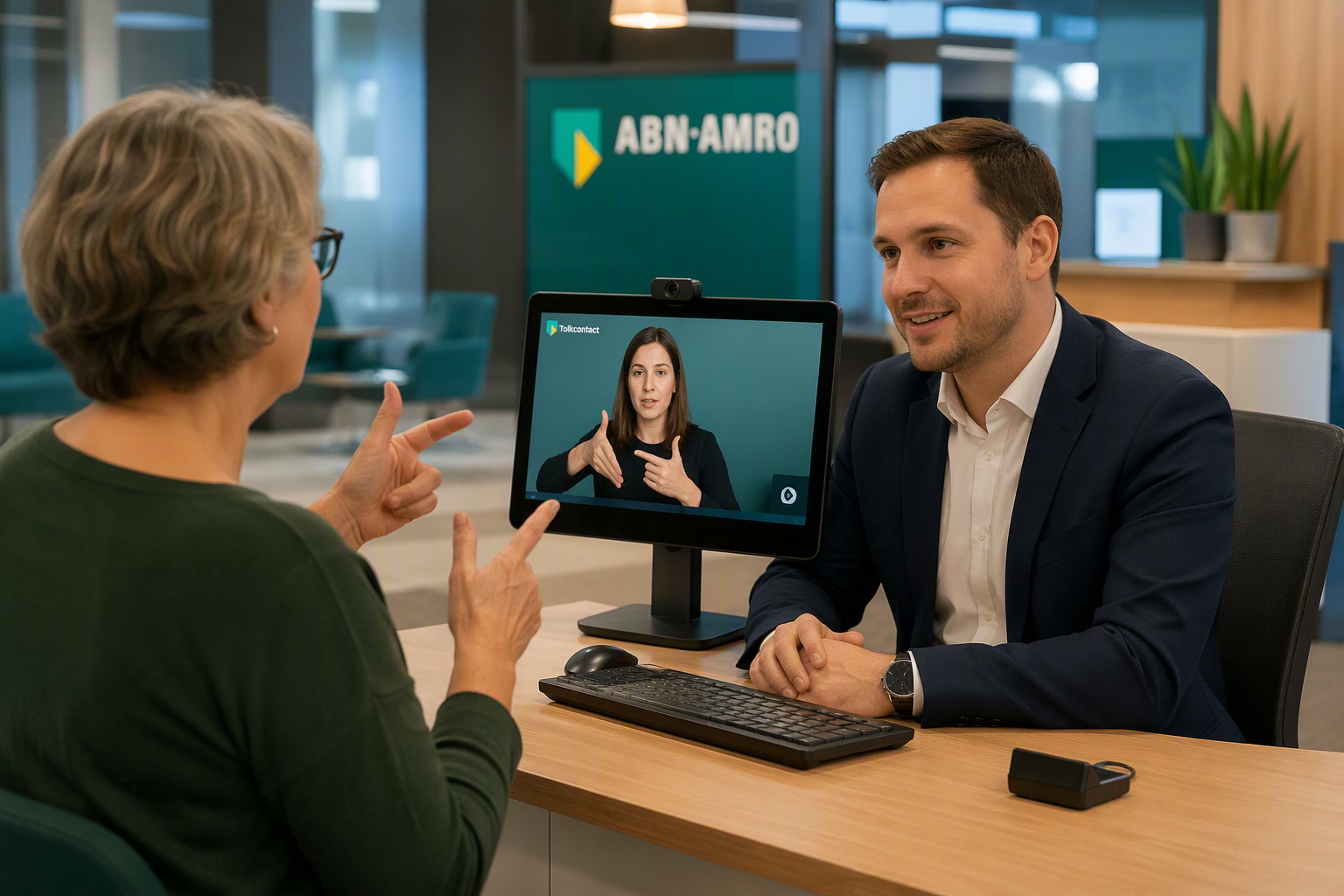 Klant communiceert met bankmedewerker via scherm met gebarentolk in moderne bankomgeving van ABN AMRO.