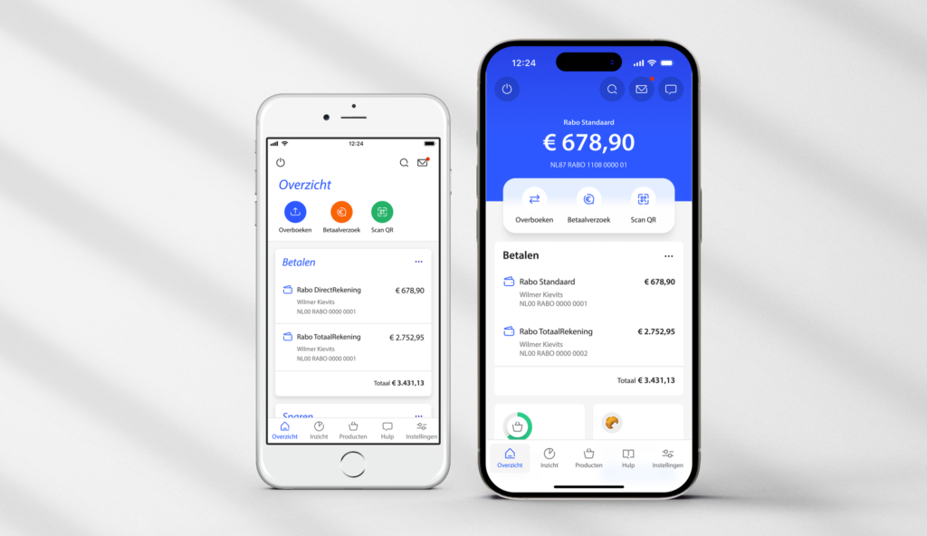 Links toont een verouderde telefoon met op het scherm de oudere versie van de Rabo App, en rechts een nieuwere telefoon met daarop de nieuwe (en toegankelijkere) versie van de Rabo App.